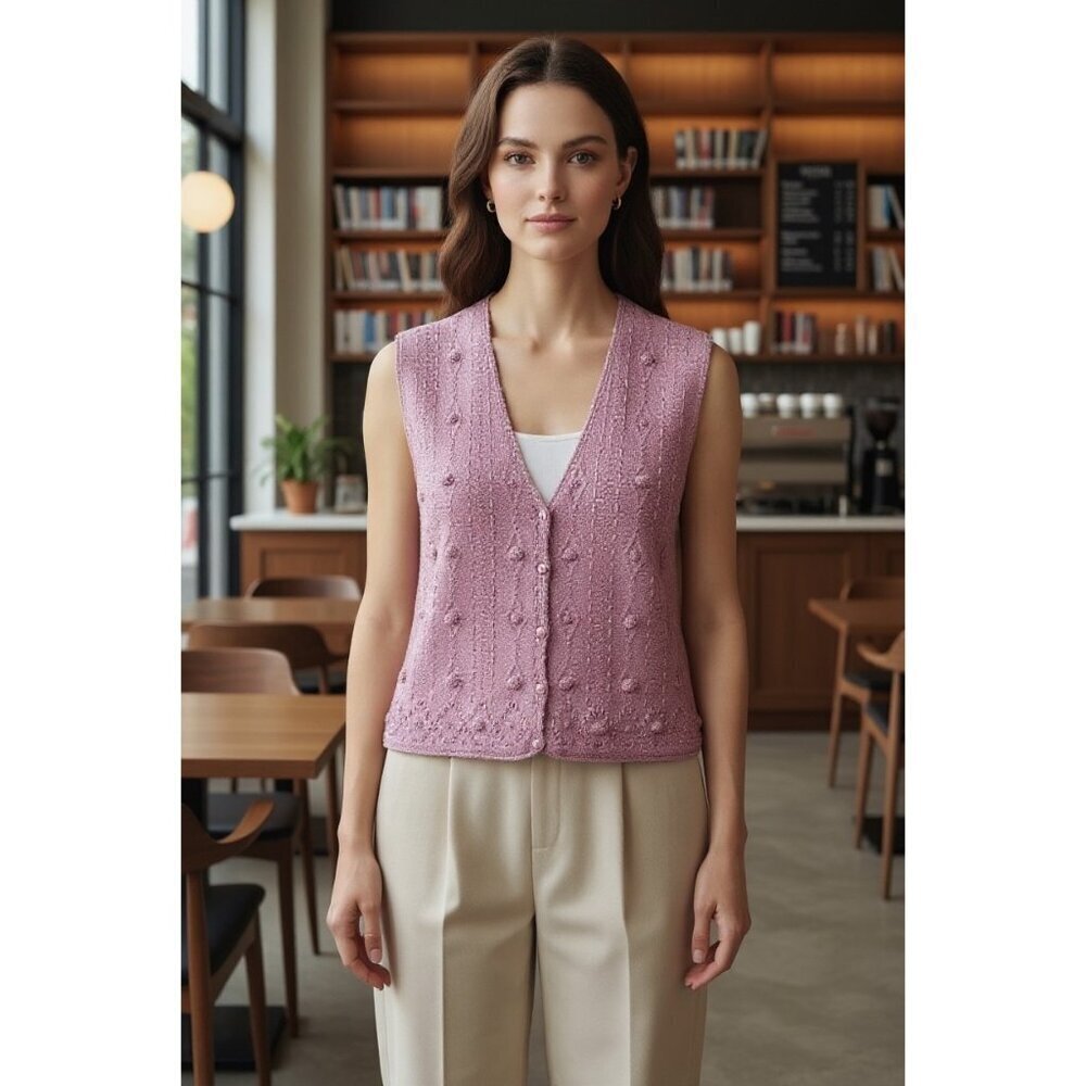 NOS Vintage Koret Pink Knit Pearl Button-Front Vest Size Small NWT